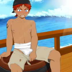 Rule 34 | 08pura, 1boy, blue eyes, blush, boat, bulge, erection, erection under clothes, male focus, nipples, ocean, original, pirate, red hair, scar, topless male, sitting, solo, tattoo, underwear, undressing, water