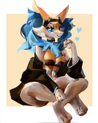 Rule 34 | 1girl, absurdres, alternate color, alternate shiny pokemon, animal ear fluff, animal ears, animal feet, animal hands, animal nose, austinarts, bare shoulders, barefoot, black bra, black jacket, blue eyes, blue fur, body fur, border, bra, braixen, breasts, claws, cleavage, closed mouth, collar, creatures (company), feet, female focus, fox ears, fox girl, full body, furry, furry female, game freak, gen 6 pokemon, hand up, happy, headgear, heart, highres, indian style, jacket, long sleeves, looking up, medium breasts, multicolored fur, navel, nintendo, off shoulder, open clothes, open jacket, outside border, pokemon, pokemon (creature), simple background, sitting, sketch, smile, snout, solo, stomach, stomach tattoo, tattoo, underwear, white border, white fur, yellow background, yellow fur