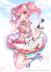 Rule 34 | 1girl, :d, apple caramel, artist name, bang dream!, blue sky, blush, boots, bow, breasts, character name, cloud, cloudy sky, commentary request, copyright name, earrings, full body, gloves, hair between eyes, hair bow, hands up, head tilt, high heel boots, high heels, highres, holding, holding microphone, jewelry, knee boots, maruyama aya, medium breasts, microphone, open mouth, petals, pink hair, pleated skirt, red eyes, round teeth, see-through, shirt, sidelocks, skirt, sky, sleeveless, sleeveless shirt, smile, solo, teeth, twintails, upper teeth only, watermark, white background, white bow, white footwear, white gloves, white shirt, white skirt