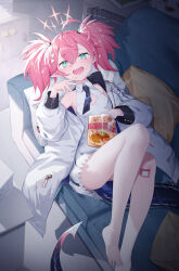 Rule 34 | 1girl, :d, absurdres, ahoge, ass, bag of chips, bare legs, bare shoulders, barefoot, blue archive, blush, commentary request, couch, dress, food, food on face, green eyes, hair between eyes, halo, highres, indoors, jacket, long sleeves, looking at viewer, lying, momoka (blue archive), on back, on couch, open clothes, open jacket, open mouth, pillow, pink hair, pointy ears, puffy long sleeves, puffy sleeves, roi (liu tian), sharp teeth, sleeveless, sleeveless dress, smile, solo, tail, teeth, twintails, white dress, white jacket