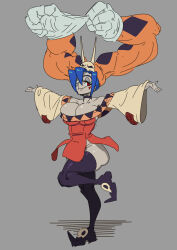 Rule 34 | 1girl, bathsalts, blue hair, boots, breasts, cerebella (skullgirls), cerebella (skullgirls) (cosplay), choker, cleavage, collarbone, cosplay, eyepatch, full body, gloves, grey background, half-closed eyes, hat, highres, large breasts, latex, latex gloves, long sleeves, red eyes, skirt, skullgirls, smile, solo, standing, standing on one leg, thigh boots, valentine (skullgirls), vice-versa (skullgirls), wide sleeves