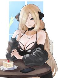 Rule 34 | 1girl, alternate costume, bare shoulders, blonde hair, breasts, cake, cellphone, chair, choker, cleavage, commentary request, creatures (company), cynthia (pokemon), food, game freak, hair over one eye, highres, holding, holding spoon, jewelry, large breasts, light smile, long hair, looking at viewer, necklace, nintendo, phone, plate, pokemon, pokemon dppt, pov across table, sitting, solo, spoon, table, tommy (kingdukeee), very long hair
