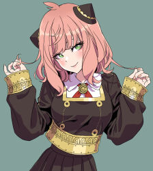 Rule 34 | 1girl, absurdres, aged up, ahoge, anya (spy x family), black jacket, black skirt, blush, closed mouth, commentary, cone hair bun, eden academy school uniform, eyelashes, fingernails, gold trim, green background, green eyes, hair bun, hairpods, hands up, head tilt, highres, holding, holding own hair, jacket, long sleeves, looking at viewer, medium hair, nail polish, neck ribbon, pink hair, pink nails, pleated skirt, red ribbon, ribbon, school uniform, shirt, simple background, skirt, sleeves past wrists, smile, solo, spy x family, upper body, white shirt, yamashita shun&#039;ya