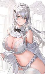 Rule 34 | 1girl, :q, absurdres, aran sweater, bare shoulders, bow, bowtie, bra, breasts, cable knit, cleavage, closed mouth, cowboy shot, detached collar, ear piercing, frilled bra, frilled panties, frills, grey eyes, halterneck, headdress, highres, large breasts, lingerie, long hair, looking at viewer, mo:oku, mole, mole on breast, nail polish, naughty face, navel, off shoulder, original, panties, piercing, ribbed sweater, smile, solo, standing, stomach, sweater, thighhighs, tongue, tongue out, underwear, white bra, white hair, white panties, white sweater, white thighhighs, wing collar