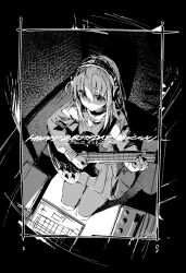 Rule 34 | 1girl, absurdres, akg k-series headphones, bocchi the rock!, character name, closed mouth, crosshatching, cube hair ornament, dated, electric guitar, expressionless, fisheye, framed, from above, gotoh hitori, greyscale, guitar, hair between eyes, hair ornament, hand up, happy birthday, hatching (texture), headphones, highres, holding, holding instrument, indoors, instrument, jacket, linear hatching, long hair, long sleeves, looking ahead, maeya susumu, monochrome, music, one side up, pants, pants under skirt, playing instrument, pleated skirt, seiza, shade, signature, sitting, skirt, solo, split mouth, track jacket, track pants, track suit
