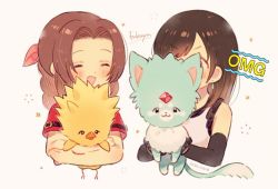 Rule 34 | 2girls, 2others, aerith gainsborough, animal, artist name, beak, bird, black gloves, black hair, blue fur, blush, braid, braided ponytail, brown hair, carbuncle (final fantasy), chibi, chick, chocobo, closed eyes, earrings, elbow gloves, final fantasy, final fantasy vii, final fantasy vii remake, forehead jewel, gloves, hair ribbon, holding, holding animal, jacket, jewelry, long hair, multiple girls, multiple others, open mouth, parted bangs, pink ribbon, red jacket, ribbon, shirt, short sleeves, sidelocks, smile, square enix, suspenders, tail, tifa lockhart, upper body, white shirt, xpo917