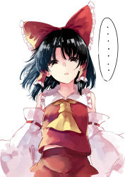 Rule 34 | ..., 1girl, ascot, black hair, bow, cowboy shot, deetamu, detached sleeves, hair bow, hair tubes, hakurei reimu, highres, looking at viewer, nontraditional miko, open mouth, red bow, red shirt, ribbon-trimmed sleeves, ribbon trim, shirt, short hair, simple background, solo, standing, touhou, white background, wide sleeves, yellow ascot