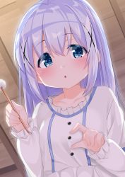Rule 34 | 1girl, bad id, bad pixiv id, blue eyes, blue hair, blush, cacao (chocolat), chestnut mouth, collarbone, commentary request, frilled shirt, frills, from below, gochuumon wa usagi desu ka?, hair between eyes, hair ornament, hands up, highres, holding, indoors, kafuu chino, long hair, long sleeves, looking at viewer, looking down, mimikaki, parted lips, shirt, sleeves past wrists, solo, white shirt, x hair ornament