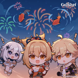 Rule 34 | !, 1boy, 2girls, absurdres, aerial fireworks, aether (genshin impact), ahoge, black gloves, blonde hair, braid, braided ponytail, brown sash, chest sarashi, chibi, commentary, copyright name, earrings, english commentary, fireworks, fish, floating, genshin impact, gloves, hair between eyes, hair ornament, halo, hand on own hip, hands up, highres, index finger raised, japanese clothes, jewelry, kimono, long sleeves, multiple girls, night, night sky, obi, official art, open mouth, orange kimono, outdoors, paimon (genshin impact), sarashi, sash, short sleeves, single earring, sky, smile, upper body, vision (genshin impact), white footwear, white hair, yellow eyes, yoimiya (genshin impact)