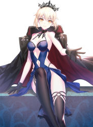 Rule 34 | 1girl, artoria pendragon (alter swimsuit rider) (fate), artoria pendragon (alter swimsuit rider) (third ascension) (fate), artoria pendragon (fate), bare shoulders, black jacket, black thighhighs, blonde hair, blush, braid, breasts, closed mouth, collarbone, fate/grand order, fate (series), french braid, hair between eyes, hair bun, highres, jacket, long hair, looking at viewer, open clothes, open jacket, ririko (zhuoyandesailaer), simple background, single hair bun, sitting, solo, thighhighs, thighs, white background, yellow eyes