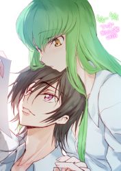 Rule 34 | 1boy, 1girl, :o, blush, brown hair, c.c., carrying, code geass, collared shirt, couple, creayus, dated, from side, green hair, hair between eyes, hashtag, holding, lelouch vi britannia, long hair, looking down, looking up, paper, parted lips, princess carry, purple eyes, shirt, simple background, smile, white background, white shirt, wing collar, yellow eyes