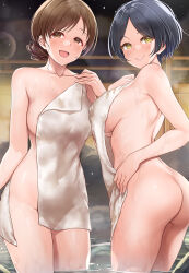 Rule 34 | 2girls, ass, black hair, blush, breasts, brown eyes, brown hair, closed mouth, collarbone, covering privates, hayami kanade, highres, idolmaster, idolmaster cinderella girls, large breasts, looking at viewer, looking to the side, mk (mod0), multiple girls, naked towel, nitta minami, nude cover, onsen, open mouth, partially submerged, smile, thighs, towel, water, wet, yellow eyes