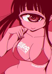 Rule 34 | blunt bangs, breasts, closed mouth, commentary request, copyright name, fingernails, hand up, hitomi sensei no hokenshitsu, large breasts, long hair, looking at viewer, manaka hitomi, monochrome, nail polish, one-hour drawing challenge, red eyes, red nails, red theme, shake-o, smile, solo, twitter username, upper body