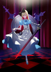 Rule 34 | 1girl, absurdres, alice (alice in wonderland), alice in wonderland, apron, apron hold, black bow, blonde hair, blue dress, blue eyes, blue footwear, bow, breasts, checkered floor, choker, closed mouth, collared dress, commentary request, crying, crying with eyes open, dress, gauntlets, hair bow, half-closed eyes, head tilt, highres, holding, holding sword, holding weapon, long hair, medium breasts, multicolored hair, pantyhose, puffy short sleeves, puffy sleeves, red choker, red hair, shadow, shoes, short sleeves, single gauntlet, solo, standing, standing on one leg, sword, tears, two-tone hair, v-shaped eyebrows, very long hair, weapon, white apron, white pantyhose, wrist cuffs, yople star man