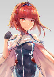 Rule 34 | 1girl, azur lane, bare shoulders, birmingham (azur lane), black gloves, blunt bangs, breasts, capelet, closed mouth, commentary, gloves, grey background, half gloves, highres, leotard, looking at viewer, medium breasts, mg42cat-k1ng, red eyes, red hair, short hair, side slit, sidelocks, simple background, sleeveless, smile, solo, standing, tiara