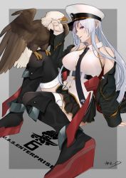 Rule 34 | 1girl, arm support, azur lane, bald eagle, bare shoulders, belt, bird, black belt, black coat, black footwear, black neckwear, black skirt, black thighhighs, boots, breasts, character name, coat, collared shirt, commentary request, commission, eagle, enterprise (azur lane), full body, gold trim, hair between eyes, hand up, hat, highres, knee boots, knee up, large breasts, long hair, long sleeves, looking at viewer, military hat, miniskirt, necktie, off shoulder, open clothes, open coat, oshida bob, parted lips, partial commentary, peaked cap, pixiv commission, pleated skirt, profile, purple eyes, rudder footwear, shirt, sidelocks, signature, silver hair, simple background, skirt, sleeveless, sleeveless shirt, smile, solo focus, standing, thighhighs, underbust, very long hair, white headwear, white shirt, zettai ryouiki