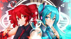 Rule 34 | 2girls, akino coto, aqua eyes, aqua hair, crossover, detached sleeves, drill hair, hatsune miku, headset, kasane teto, looking at viewer, multiple girls, necktie, red eyes, red hair, short hair, side-by-side, smile, twin drills, twintails, utau, v, vocaloid