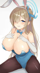 Rule 34 | 1girl, animal ears, asuna (blue archive), asuna (bunny) (blue archive), bare shoulders, black pantyhose, blue archive, blue bow, blue bowtie, blue eyes, blue leotard, blue ribbon, blush, bow, bowtie, breasts, detached collar, elbow gloves, fake animal ears, gloves, grin, hair over one eye, hair ribbon, hands on own chest, highres, large breasts, leotard, long hair, looking at viewer, metsu end, mole, mole on breast, pantyhose, playboy bunny, rabbit ears, ribbon, simple background, smile, solo, spread legs, straight hair, strapless, strapless leotard, traditional bowtie, very long hair, white background, white gloves