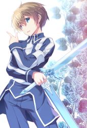Rule 34 | 1boy, bad id, bad pixiv id, blonde hair, blue eyes, blue flower, blue jacket, blue pants, commentary request, english text, eugeo, flower, hair between eyes, holding, holding sword, holding weapon, itoichi., jacket, long sleeves, looking at viewer, male focus, pants, parted lips, solo, sword, sword art online, sword art online: alicization, weapon