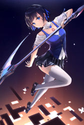 Rule 34 | 1girl, absurdres, alternate costume, blue eyes, blue hair, bug, butterfly, closed mouth, full body, highres, holding, holding weapon, honkai (series), honkai impact 3rd, insect, looking at viewer, school uniform, scythe, seele vollerei, seele vollerei (swallowtail phantasm), short hair, skirt, smile, solo, tattoo, thighhighs, weapon, white butterfly, white thighhighs, yuyu guantou (marky)