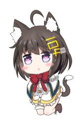 Rule 34 | 1girl, :o, animal ears, azur lane, bailingxiao jiu, black footwear, blush stickers, boots, bow, bowtie, brown hair, capelet, cat ears, cat girl, cat tail, chibi, commentary request, dress, full body, hair between eyes, hair ornament, parted lips, purple eyes, red bow, red bowtie, short hair, simple background, solo, tai yuan (azur lane), tail, white background, white capelet, white dress