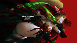Rule 34 | 1girl, 21yc (september breeze), ass, black thighhighs, blonde hair, blood elf (warcraft), boots, breasts, cleavage, dual wielding, elbow gloves, elf, gloves, green eyes, high ponytail, holding, holding weapon, hood, long hair, medium breasts, pale skin, patreon username, pointy ears, red background, solo, thighhighs, thighhighs under boots, torn clothes, torn thighhighs, twitter username, valeera sanguinar, warcraft, weapon, world of warcraft