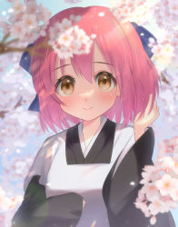 Rule 34 | 1girl, absurdres, apron, black kimono, blue bow, blush, bow, brown eyes, cherry blossoms, closed mouth, floating hair, flower, hair between eyes, hair bow, hand in own hair, highres, itsuka neru, japanese clothes, kimono, kohaku (tsukihime), looking at viewer, maid, maid apron, outdoors, pink flower, pink hair, short hair, sleeves past fingers, sleeves past wrists, smile, solo, tsukihime, upper body, wa maid, white apron, wide sleeves
