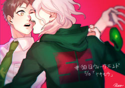 Rule 34 | 2boys, baru (bar 0405), blurry, brown eyes, brown hair, coat, collared shirt, commentary request, danganronpa (series), danganronpa 2: goodbye despair, dated, depth of field, green coat, green neckwear, grey hair, hand up, hinata hajime, holding another&#039;s wrist, hood, hood down, hooded coat, imminent kiss, komaeda nagito, looking at another, male focus, messy hair, multiple boys, necktie, necktie grab, neckwear grab, open mouth, pink hair, red background, shirt, short hair, teeth, translation request, upper body, upper teeth only, yaoi