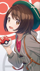 Rule 34 | 1girl, backpack, bag, beret, breasts, brown eyes, brown hair, cowboy shot, creatures (company), game freak, gloria (pokemon), green hat, hat, highres, hood, hoodie, hyuuga azuri, long sleeves, looking at viewer, nintendo, open mouth, parted bangs, patterned background, poke ball, poke ball (basic), poke ball symbol, pokemon, pokemon swsh, pom pom (clothes), shirt, short hair, small breasts, smile, solo, straight hair