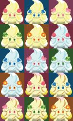 Rule 34 | alcremie, alcremie (berry sweet), alcremie (clover sweet), alcremie (flower sweet), alcremie (lemon cream), alcremie (love sweet), alcremie (mint cream), alcremie (rainbow swirl), alcremie (strawberry sweet), blue eyes, creature, creatures (company), expressionless, face, flower, food, fruit, game freak, gen 8 pokemon, green eyes, heart, highres, looking at viewer, multicolored background, nintendo, no humans, orange eyes, pink eyes, pokemon, pokemon (creature), shawn flowers, strawberry