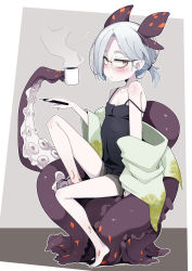 Rule 34 | 1girl, barefoot, black camisole, black shorts, blush, brown eyes, camisole, closed mouth, collarbone, cup, eyebrows hidden by hair, full body, glasses, grey hair, highres, holding, holding cup, holding pen, looking at viewer, low ponytail, mug, ogami kazuki, original, parted bangs, pen, ponytail, scylla (ogami kazuki), short shorts, shorts, solo, steam, strap slip, suction cups, tentacles, thick eyebrows