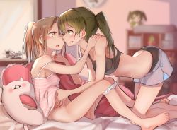 Rule 34 | 2girls, all fours, ass, barefoot, black bra, black panties, blurry, blurry background, blush, bottomless, bra, breasts, brown eyes, brown hair, camisole, crying, crying with eyes open, depth of field, enemy lifebuoy (kancolle), from side, green eyes, green hair, indoors, kabayaki namazu, kantai collection, multiple girls, on bed, one side up, panties, panty pull, profile, short shorts, shorts, sideways mouth, small breasts, sports bra, strap slip, tears, twintails, underwear, yuri, zuihou (kancolle), zuikaku (kancolle)