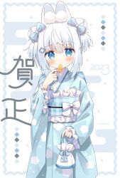Rule 34 | 1girl, 2023, animal ear fluff, animal ears, blue bow, blue eyes, blue kimono, blush, bow, chinese zodiac, commentary, double bun, eating, egasumi, english commentary, food, frilled sleeves, frills, hair between eyes, hair bow, hair bun, hair ornament, hairclip, hand up, highres, holding, holding food, japanese clothes, kimono, kinchaku, long sleeves, looking at viewer, nakkar, obi, original, plaid, plaid bow, plaid sash, pouch, rabbit ears, sash, short twintails, sleeves past wrists, solo, translation request, twintails, white background, white hair, wide sleeves, year of the rabbit