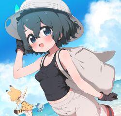 Rule 34 | 2girls, :d, animal ears, backpack, bag, bare arms, bare shoulders, beach, black gloves, black hair, black tank top, blonde hair, blue eyes, blue sky, blush, breasts, cat ears, cat tail, cloud, commentary request, dutch angle, gloves, grey shorts, hair between eyes, helmet, highres, horizon, kaban (kemono friends), kemono friends, looking at viewer, lucky beast (kemono friends), midriff, multiple girls, navel, ocean, open mouth, outdoors, pith helmet, ransusan, serval (kemono friends), serval print, short hair, shorts, sky, small breasts, smile, solo focus, tail, tank top, tareme, water