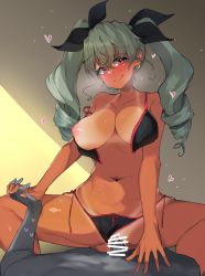 Rule 34 | 1boy, 1girl, absurdres, alternate eye color, alternate skin color, anchovy (girls und panzer), bikini, black bikini, black ribbon, blush, closed mouth, commission, cowgirl position, dark-skinned female, dark skin, drill hair, earrings, faceless, faceless male, girls und panzer, green hair, hair ribbon, highres, jewelry, kshimu, licking lips, long hair, looking at viewer, nipples, penis, red eyes, ribbon, sex, skeb commission, smile, straddling, swimsuit, tan, tanline, tongue, tongue out, twin drills, vaginal