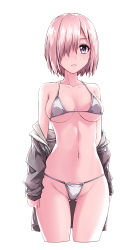 Rule 34 | 1girl, absurdres, arms at sides, backlighting, bad id, bad pixiv id, bare shoulders, bikini, black hoodie, breasts, breasts apart, collarbone, commentary request, covered erect nipples, cowboy shot, cropped legs, eyelashes, fate/grand order, fate (series), fish.boy, gluteal fold, groin, hair over one eye, halterneck, highres, hood, hood down, hoodie, jacket, long sleeves, looking at viewer, mash kyrielight, medium breasts, micro bikini, navel, off shoulder, open clothes, open hoodie, open jacket, parted lips, pink hair, purple eyes, short hair, simple background, skindentation, solo, standing, stomach, string bikini, swimsuit, teeth, underboob, white background, white bikini