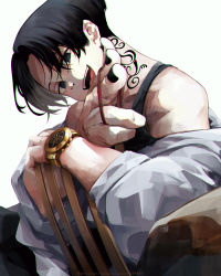 Rule 34 | 1boy, artist name, bare shoulders, bishounen, black eyes, black hair, black nails, chair, chromatic aberration, finger gun, fingernails, half-closed eyes, highres, inkspirate, male focus, nail polish, neck tattoo, open mouth, pointing, pointing at viewer, sano manjirou, simple background, smile, solo, tattoo, teeth, tokyo revengers, tongue, upper teeth only, watch, white background, wristwatch