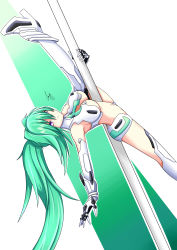 Rule 34 | 1girl, absurdres, bad id, bad pixiv id, breasts, cundodeviant, elbow gloves, flexible, gloves, green hair, green heart (neptunia), high heels, highres, large breasts, leg up, long hair, looking at viewer, neptune (series), pole dancing, ponytail, purple eyes, revealing clothes, smile, split, symbol-shaped pupils, thighhighs, vert (neptunia), very long hair