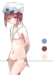 Rule 34 | 10s, 1girl, anchor, arms behind back, beret, bikini, blush, bow, character name, collarbone, cowboy shot, eyebrows, groin, hat, jitome, kantai collection, looking at viewer, matsutani, navel, pink eyes, pink hair, sailor bikini, sailor collar, short hair, sidelocks, smiley face, solo, standing, stomach, striped, striped bow, swimsuit, white background, white bikini, white hat, z3 max schultz (kancolle)