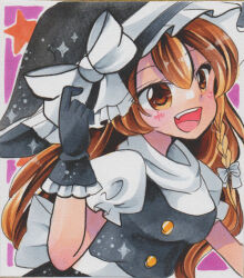 Rule 34 | 1girl, back bow, black gloves, black hat, black skirt, black vest, bow, frilled bow, frilled gloves, frilled sleeves, frills, from side, gloves, hat, hat bow, hat ribbon, kirisame marisa, large hat, looking at viewer, maccha xxxxxx, marker (medium), open mouth, puffy short sleeves, puffy sleeves, purple background, ribbon, shirt, short sleeves, simple background, skirt, solo, teeth, touhou, traditional media, upper body, upper teeth only, vest, white bow, white ribbon, white shirt, witch hat, yellow eyes