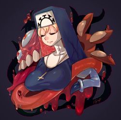 Rule 34 | 184nx, 1girl, blonde hair, blood, blue background, breasts, cross, cross necklace, double (skullgirls), extra eyes, extra mouth, closed eyes, habit, intestines, jewelry, large breasts, monster, necklace, nun, saliva, saliva trail, skullgirls, smile, solo, upper body, veins