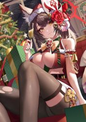 Rule 34 | absurdres, alcohol, animal ears, bell, belt, breasts, brown hair, champagne, champagne bottle, champagne flute, christmas tree, cleavage, cleavage cutout, clothing cutout, copyright request, cup, drinking glass, garter straps, gift, green necktie, hat, highres, josal, large breasts, legs, looking at viewer, neckerchief, necktie, panties, pantyhose, pantyshot, santa hat, see-through, see-through legwear, skirt, striped necktie, thighhighs, thighs, underwear, yellow eyes