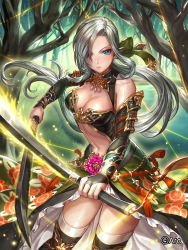 Rule 34 | 1girl, armor, bare shoulders, bare tree, black dress, black thighhighs, blue eyes, box (hotpppink), bracer, breasts, bridal gauntlets, cleavage, cleavage cutout, closed mouth, clothing cutout, company name, covered collarbone, dress, dual wielding, floating hair, floral print, flower, forest, glowing, glowing sword, glowing weapon, grass, green ribbon, grey hair, hair over one eye, hair ribbon, highres, holding, japanese armor, lake, large breasts, light particles, long dress, long hair, looking at viewer, nature, navel, official art, outdoors, pink flower, ribbon, sengoku kishin valkyrie, serious, shiny skin, shoulder armor, sidelocks, sode, solo, standing, tassel, thighhighs, tree, tsurime, v-shaped eyebrows, very long hair, weapon