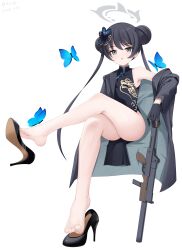 1girl absurdres barefoot black_hair blue_archive blush bug butterfly china_dress chinese_clothes crossed_legs double_bun dress feet grey_eyes gun hair_bun highres insect kisaki_(blue_archive) l4st_w0rds long_hair looking_at_viewer parted_lips shoe_dangle shoes soles toes unworn_shoes weapon white_background