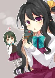 Rule 34 | &gt;:o, 10s, 2girls, :&gt;, :o, black hair, boots, bow, bowtie, brown eyes, cross-laced footwear, cup, drum (container), green hair, grey background, grey legwear, hair ribbon, heart, kantai collection, long sleeves, looking at viewer, multicolored eyes, multicolored hair, multiple girls, naganami (kancolle), nagasioo, pantyhose, pink hair, purple eyes, ribbon, school uniform, short hair, steam, takanami (kancolle), tray, two-tone hair, v-shaped eyebrows, yellow eyes, yunomi
