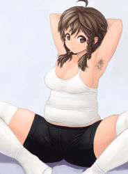 Rule 34 | 1girl, ahoge, armpit hair, armpits, arms behind head, arms up, bad id, bad pixiv id, bike shorts, braid, breasts, brown eyes, brown hair, chikokuma, cleavage, fat, large breasts, medium breasts, original, plump, shorts, sitting, solo, spread legs, tank top, thighhighs, twintails