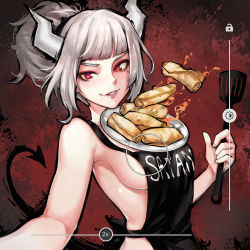 Rule 34 | 1girl, apron, armpits, bare arms, bare shoulders, black apron, blunt bangs, breasts, character name, demon girl, demon horns, demon tail, food, grey hair, helltaker, holding, horns, looking at viewer, lucifer (helltaker), medium breasts, mole, mole under eye, naked apron, pancake, parted lips, red eyes, robot cat (robotcatart), selfie, short hair, sideboob, smile, smirk, solo, tail, teeth, upper body, white horns