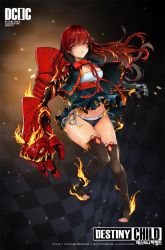 Rule 34 | 1girl, black background, black skirt, black thighhighs, breasts, checkered background, cleavage, copyright name, crystalherb, destiny child, fire, full body, gauntlets, highres, long hair, looking at viewer, mechanical arms, medium breasts, navel, red eyes, red hair, red neckwear, red ribbon, ribbon, single mechanical arm, skirt, solo, tears, thighhighs, toes, watermark