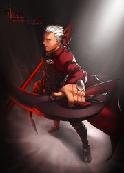 Rule 34 | 00s, 1boy, archer (fate), azusa (hws), bow (weapon), dark skin, dark-skinned male, fate/stay night, fate (series), foreshortening, highres, male focus, solo, weapon, white hair