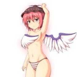 Rule 34 | 1girl, :&lt;, animal ears, arm up, armpits, blush, breasts, covering breasts, covering privates, female focus, flat chest, grey eyes, hat, mystia lorelei, panties, panties only, phantom2071, pink hair, short hair, solo, striped clothes, striped panties, topless, touhou, underwear, underwear only, wings